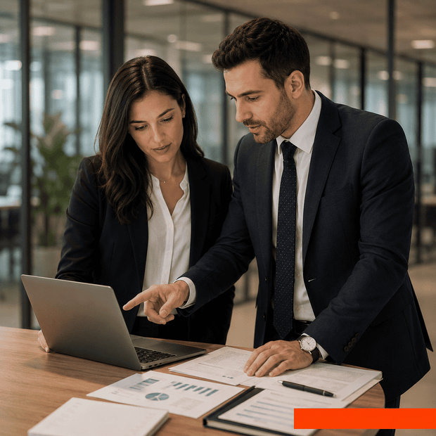 Financial professionals reviewing reports and business data together