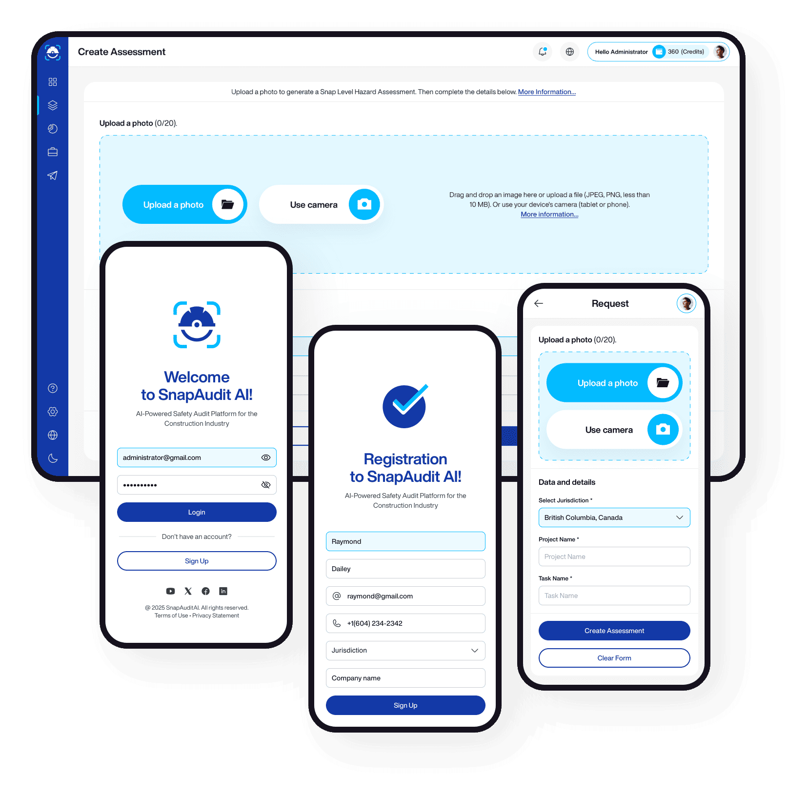 Snap Audit AI Mobile and Desktop Interfaces Snap Audit AI interface showing mobile app screens and desktop dashboard