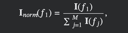 Formula for normalizing feature importance scores so their values sum to one.