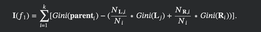 Formula for computing feature importance in decision trees using Gini impurity reduction.