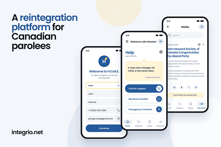 H.O.M.E. reintegration platform H.O.M.E. mobile app screens for the reintegration of parolees