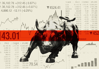 FinTech Bull figure over a stock market data board