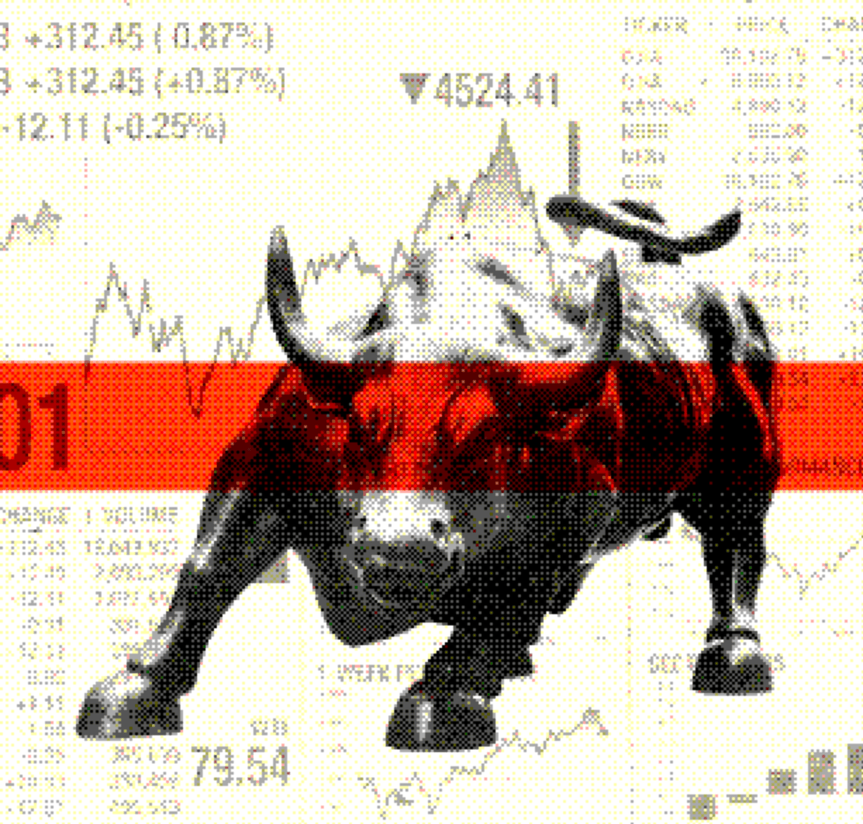 Bull figure over a stock market data board